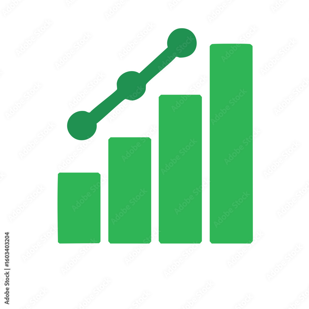 Poster green bar graph with ascending line chart showing growth and progress in business