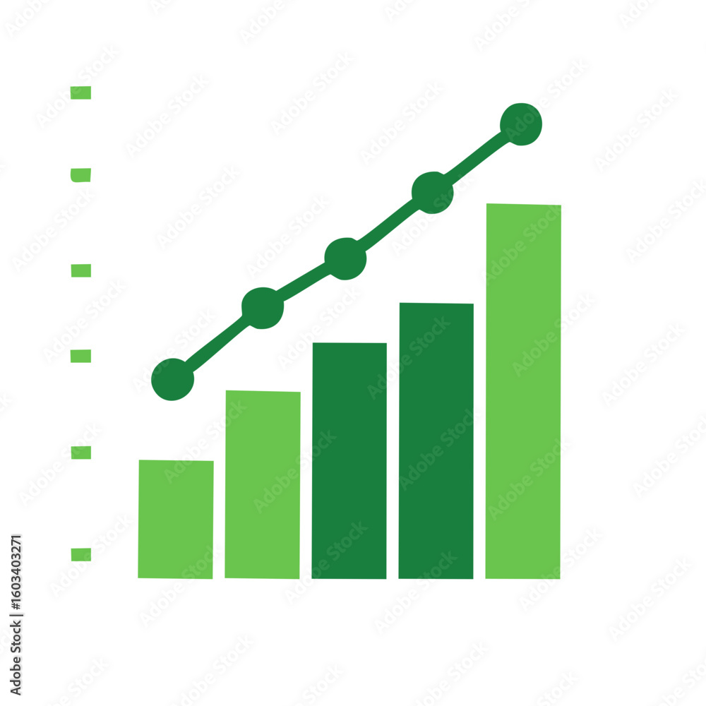 Poster rising bar graph and line graph with green theme showing growth and positive trends