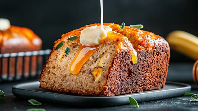 Delicious banana bread slice with honey drizzle with butter and thyme on a black plate.