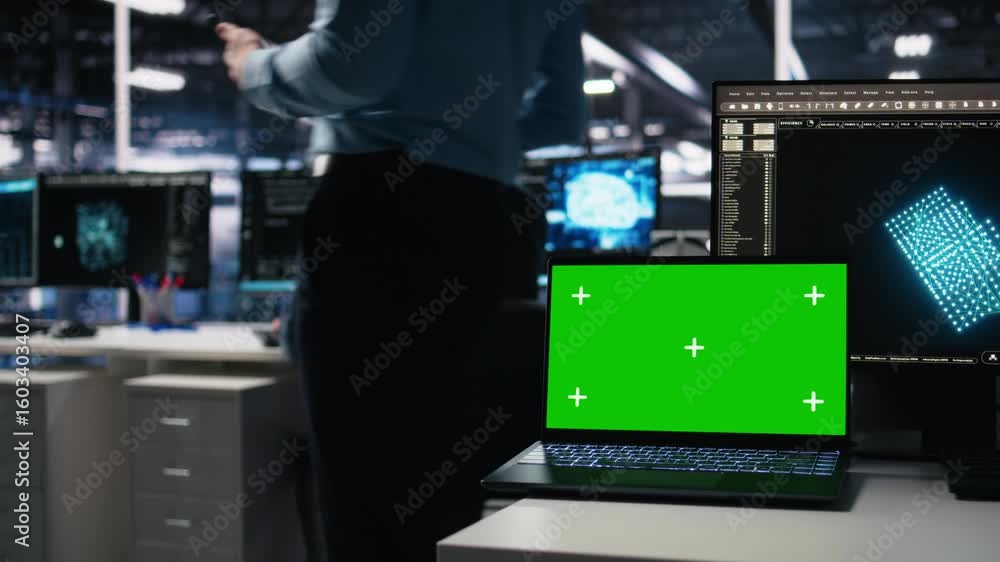 Poster close up of mockup laptop in server room where worker uses ai to review diagnostics. admin in data c