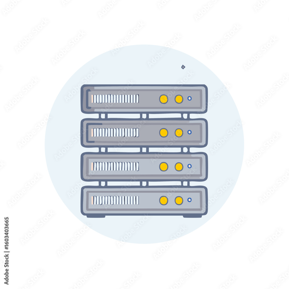 Poster cartoon illustration of four server racks for data storage and cloud computing