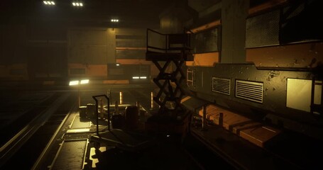 In a laboratory filled with advanced scientific equipment, low lighting creates a mysterious atmosphere. Various tools and a lift are visible, indicating ongoing experiments or research.