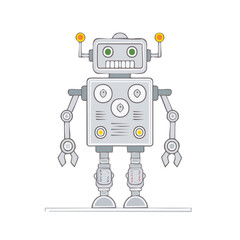 Fototapeta premium Cheerful Toy Robot with Claws and Antennae Lights Standing in a Cartoon Style