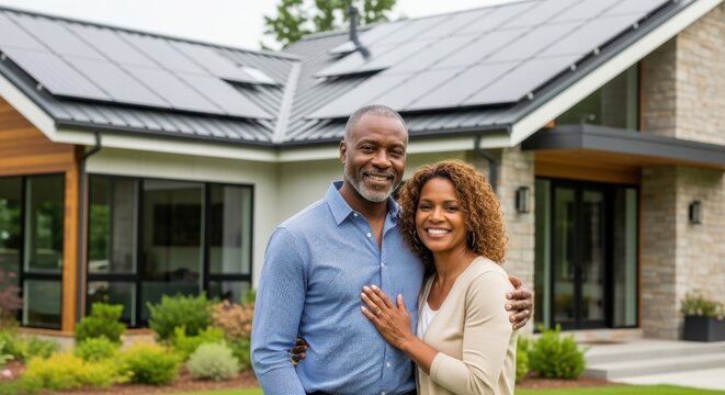 Mature black couple posing in front of a modern home equipped with rooftop solar energy system. - Powered by Adobe