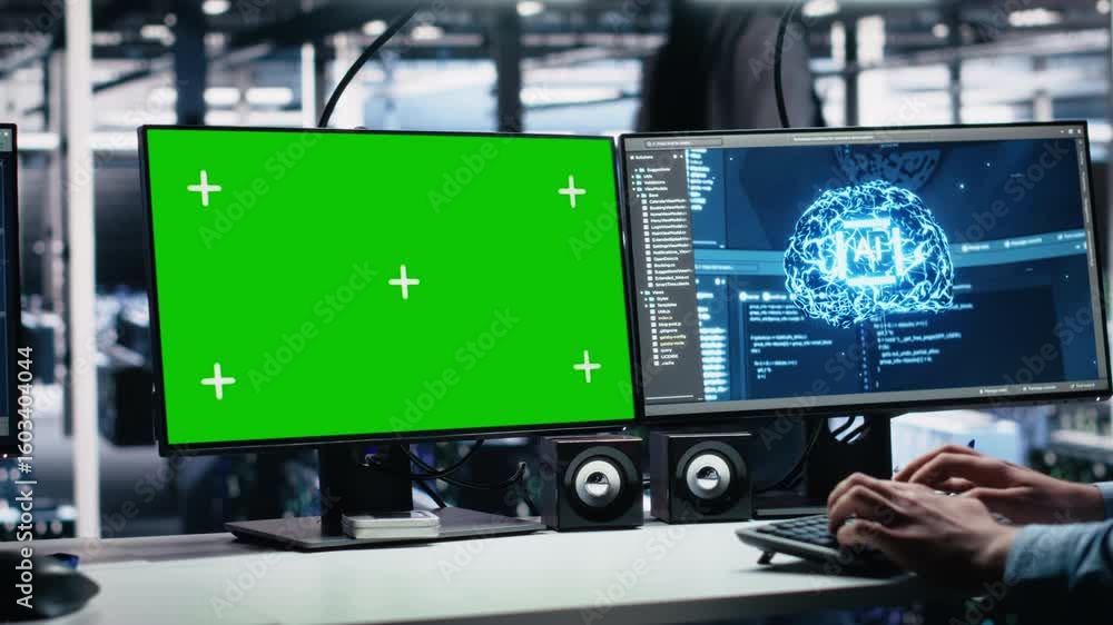 Poster data center engineer working on neural network software development on green screen pc. server room 