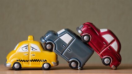 Stacked colorful toy cars with expressive faces in a humorous crash-like pose. Playful composition ideal for child-themed, automotive, or comic concepts.

