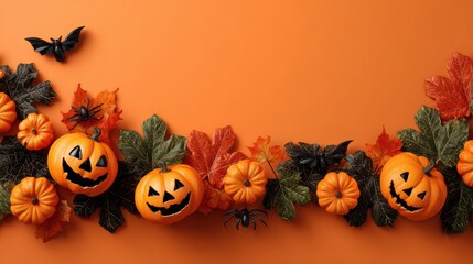 Spooky halloween decorations with pumpkins bats and spiders on orange background