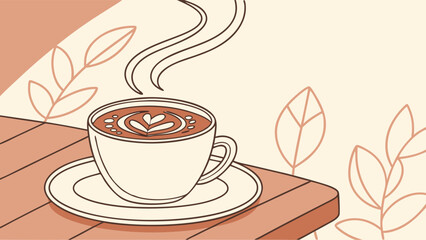 Steaming Cup of Latte Art Coffee on Wooden Table.