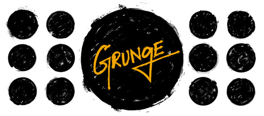 Grunge circle frame texture set, ink stamp border grungy rough round shape, chalk style abstract circular outline, dirty template distressed element background design