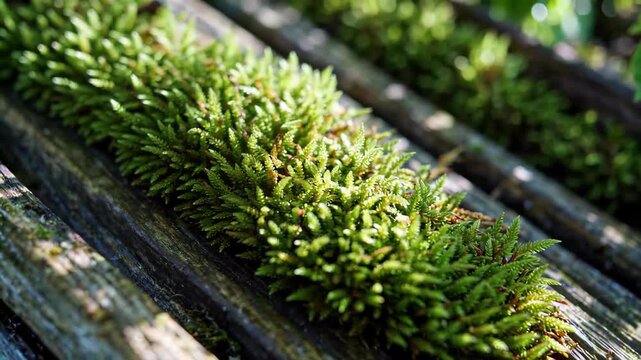 Green moss growing on board Moss growing on wood grain