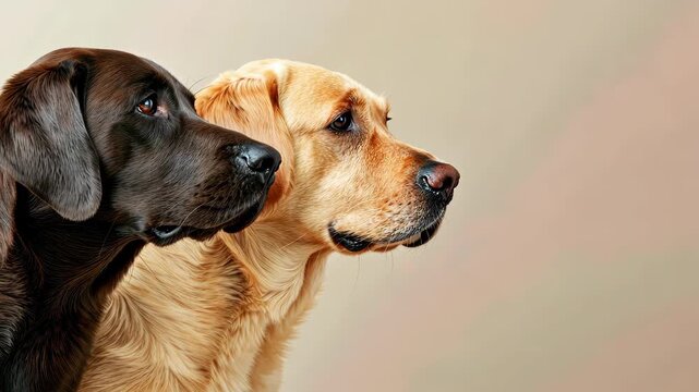 Loyal Duo: A close-up shot showcases a black labrador and a yellow labrador, gazing intently to the side. Highlighting the unique details of these dogs.
