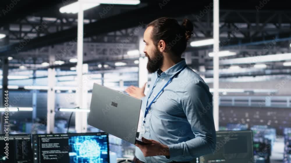 Poster data center manager presents ai technology to shareholders, demonstrating predictive maintenance cap
