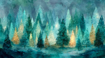 Magical forest art Christmas trees and glowing lights Christmas card style watercolor abstract artistic winter wonderland nature green woodland holiday background backdrop wallpaper copy space