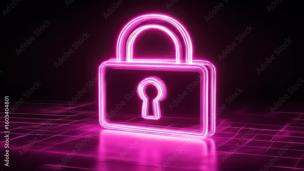 Poster glowing pink padlock neon sign over a futuristic grid background concept of cyber security and data 
