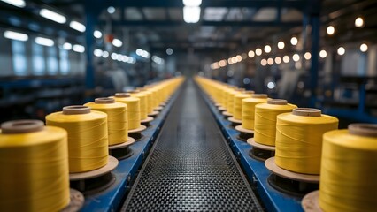 Fototapeta premium Yellow spools on conveyor belt industrial manufacturing