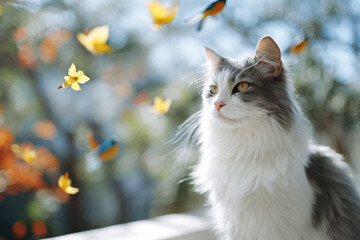 fluffy cat perched on windowsill intently observing colorful birds playing in garden outside