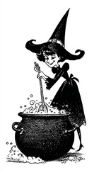 Cartoon witch stirring a bubbling cauldron vintage retro halloween decor style vector black and white funny cute Halloween cooking avatar party invitation