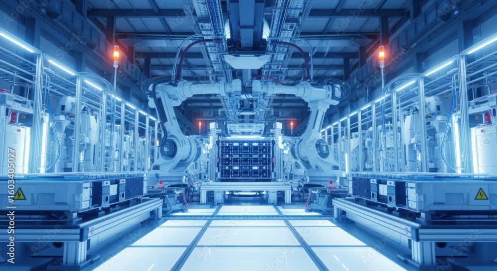 Poster wideangle view of futuristic factory floor with automated systems in energy manufacturing.