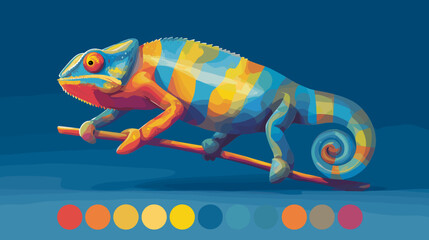 Colorful chameleon perched on a twig, blending vibrant blues, oranges, and yellows in an illustration against a blue background. © Jose
