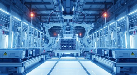 Wideangle view of futuristic factory floor with automated systems in energy manufacturing.