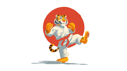 Furry martial artist tiger in a white gi is doing a karate kick with a red circle in the background on a black background.  © Jose