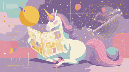 Cartoon unicorn engrossed in reading a newspaper against a surreal backdrop, blending fantasy with everyday moments in whimsical art. © Jose