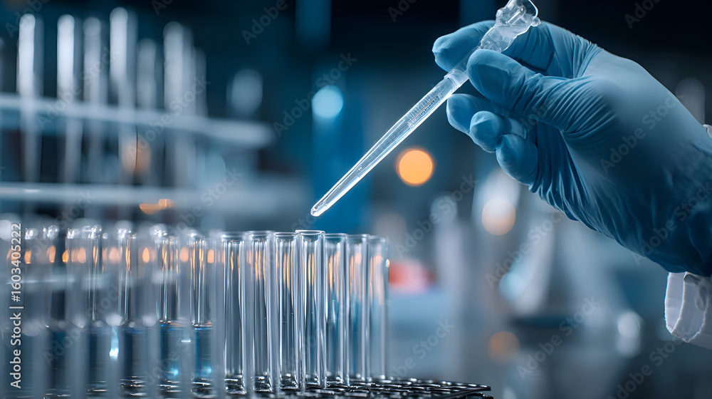 Poster scientist dropping liquid with pipette in test tubes in laboratory