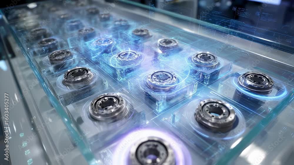 Poster innovative technology enhances industrial manufacturing with holographic projections displaying data