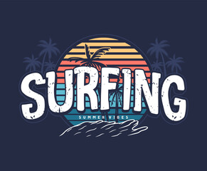 Surfing beach typography illustration, ready for print on paper poster, t-shirt and other uses.