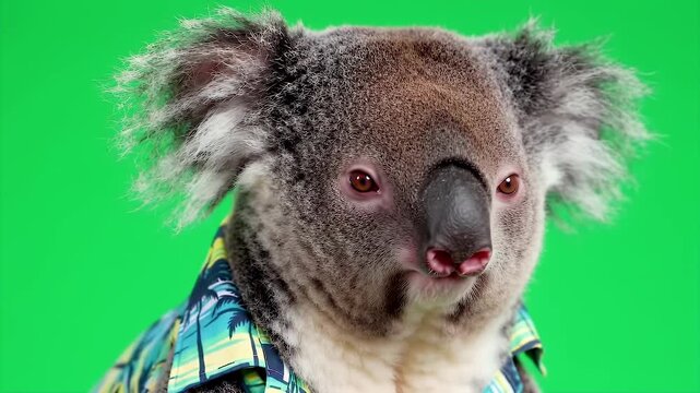 Koala Portrait Wearing a Colorful Shirt Isolated on Green Background