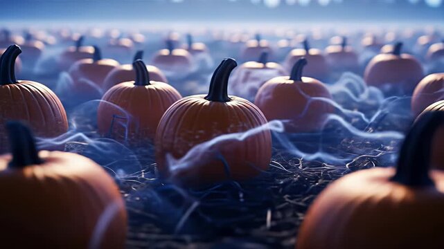 Cinematic 3d animation of a magical pumpkin patch with glowing smoke and mystical energy
