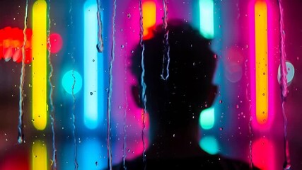 Rainy window view with a person's silhouette and colorful neon city lights at night - Powered by Adobe