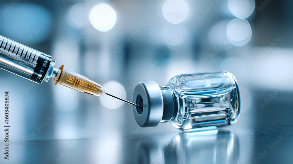 Poster syringe extracting vaccine from vial in laboratory setting