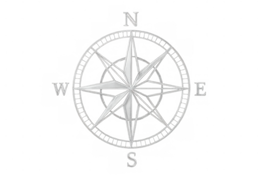 Silver compass rose featuring cardinal directions of north, south, east, and west, isolated on a transparent background for versatile use