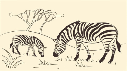 Stylized Zebra Family Grazing in African Savanna.