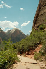Hiker tourist walking through zion national park trail in summer time
