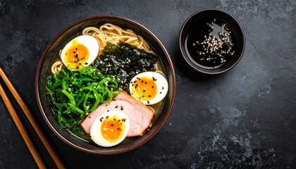 Delectable Japanese Ramen Bowl Overhead Shot of Noodles Soft Boiled Eggs Pork Wakame Seaweed and Nori.