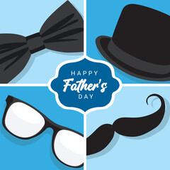 Vector illustration of Father's day greeting card design. Happy father's day text with hat, sunglasses, bow tie, tie and mustache in blue background.