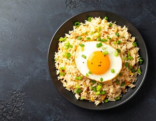 Delicious Fried Rice Topped with a Perfectly Fried Egg and Green Onions.