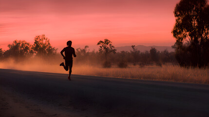 Athlete running on a dusty road at sunset