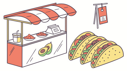 Taco Stand with Delicious Tacos Avocado and Condiments.