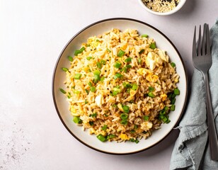 Delicious Fried Rice with Scallions Egg and Sesame Seeds Top View.