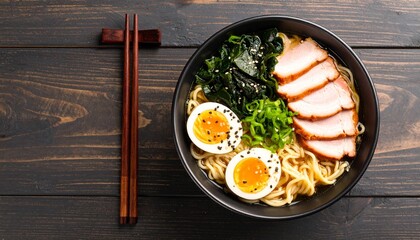 Delicious Japanese Ramen Bowl with Eggs Pork Seaweed and Chopsticks on Wood.