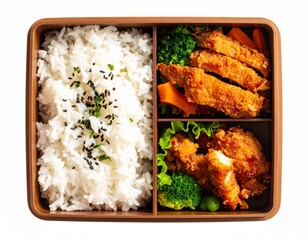 Delicious Japanese Bento Box Crispy Karaage Chicken Steamed Rice and Colorful Vegetables.