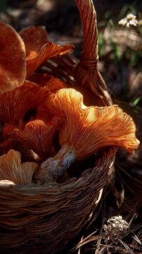 Closeup of a foragers basket nestled in soft sunlight showcasing the brilliant orange amanita caesarea. The delicate interplay of light and shadow highlights the unique textures of