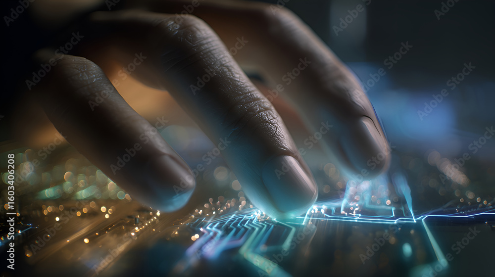 Aufkleber engineer interacting with futuristic pcb illuminated with glowing circuits
