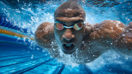 Professional swimmer performing butterfly stroke underwater in a competition