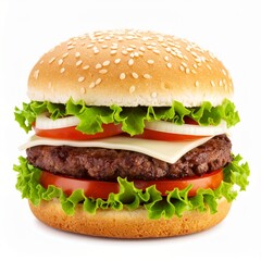 Mouthwatering Hamburger Stacked High with Fresh Ingredients on White Background.