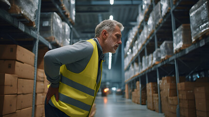 Warehouse worker suffering back pain while working in retail warehouse
