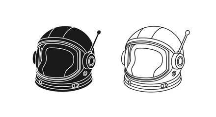 Fototapeta premium Two astronaut helmets one filled in black and the other in outline illustration